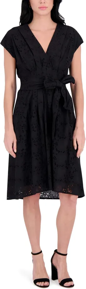 kensie Women's Short Sleeve V-Neck Belted Midi Dress
