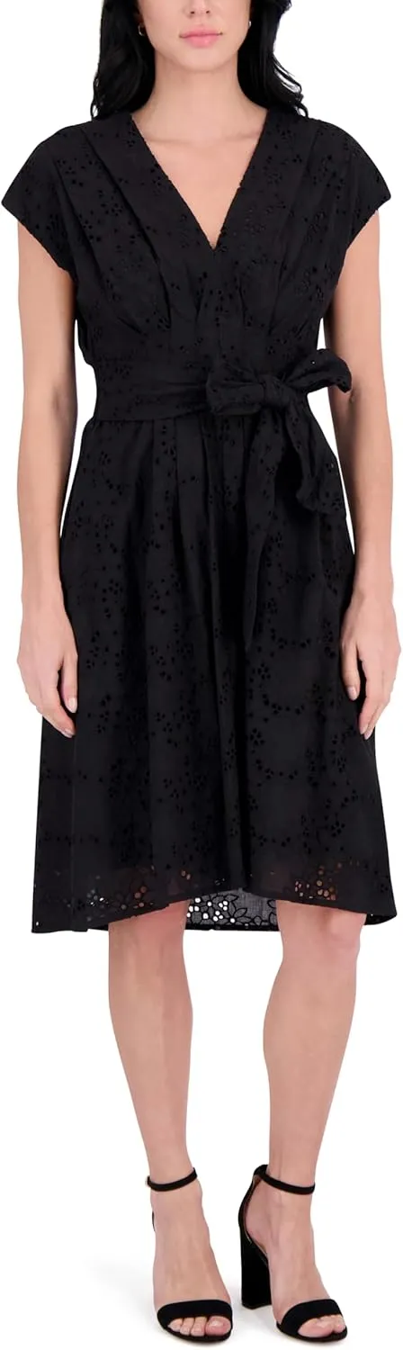 kensie Women's Short Sleeve V-Neck Belted Midi Dress
