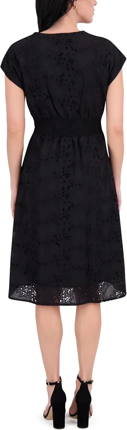 kensie Women's Short Sleeve V-Neck Belted Midi Dress