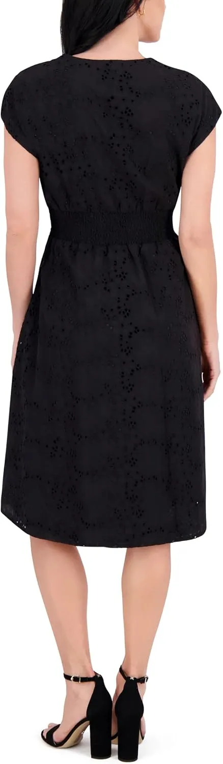 kensie Women's Short Sleeve V-Neck Belted Midi Dress