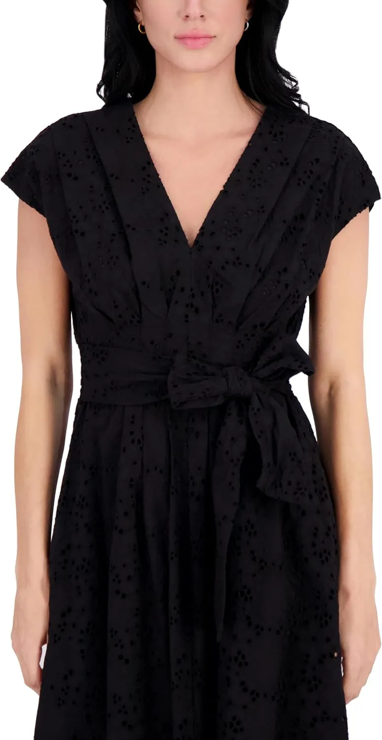 kensie Women's Short Sleeve V-Neck Belted Midi Dress