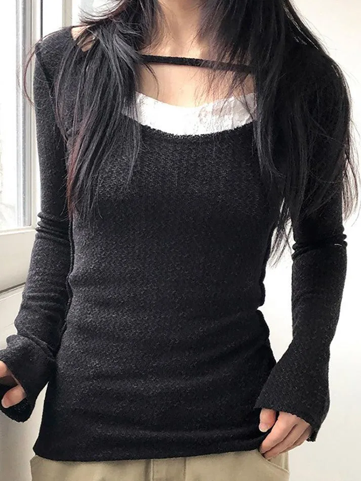 Lace Patchwork Faux Two-Piece Long Sleeve Top