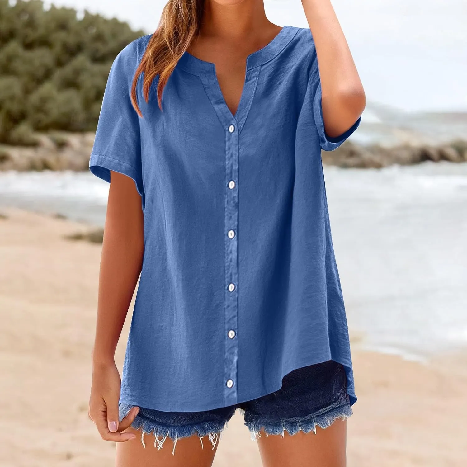 Linen Shirts for Women Solid Color Sleeve Collar Casual Women's Shirt Women's V Neck Button Down Blouse