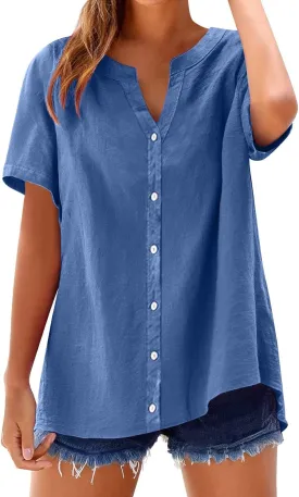 Linen Shirts for Women Solid Color Sleeve Collar Casual Women's Shirt Women's V Neck Button Down Blouse