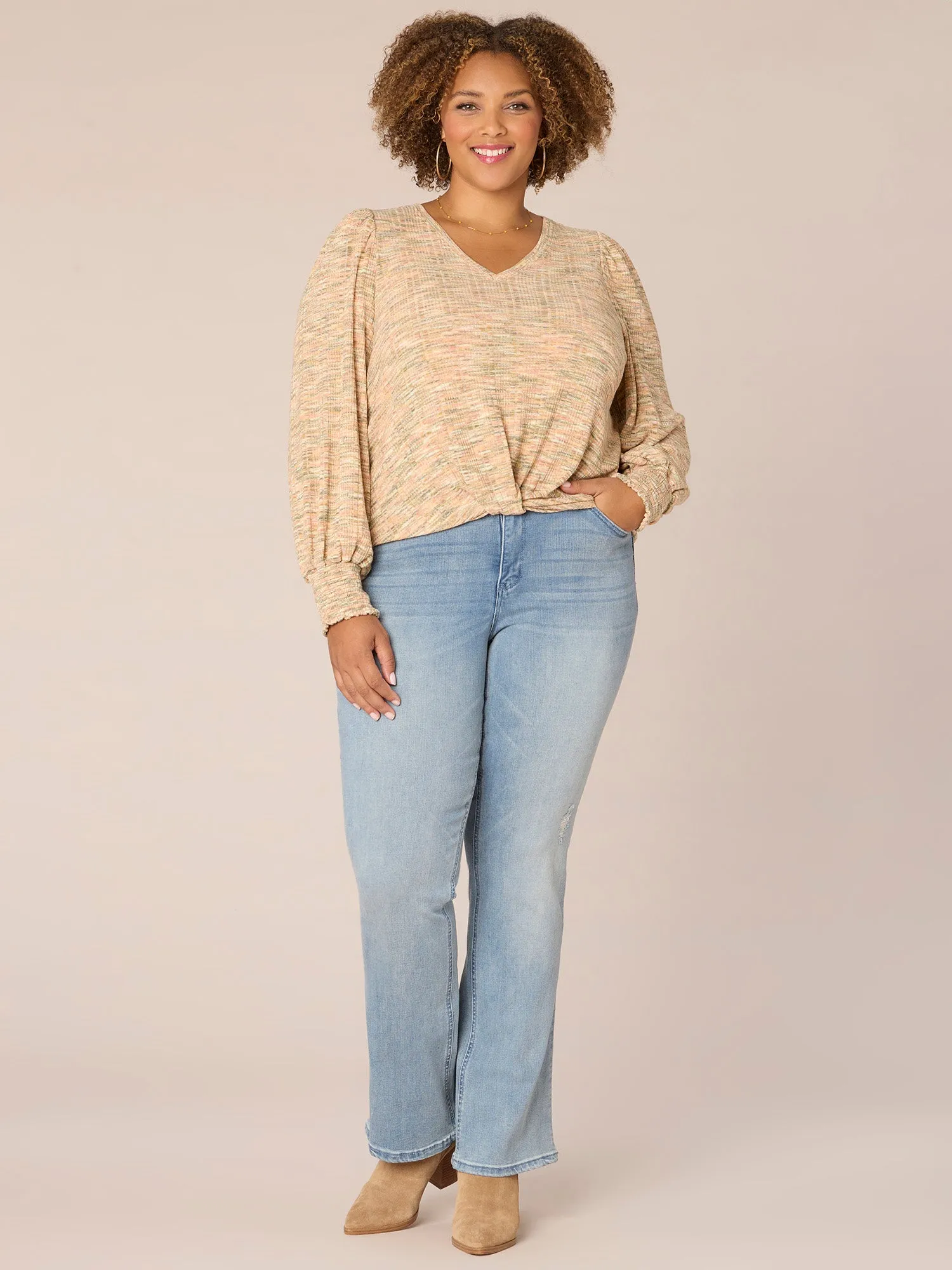 Long Blouson Sleeve V-Neck Twist Hem Space Dye Plus Size Knit Top