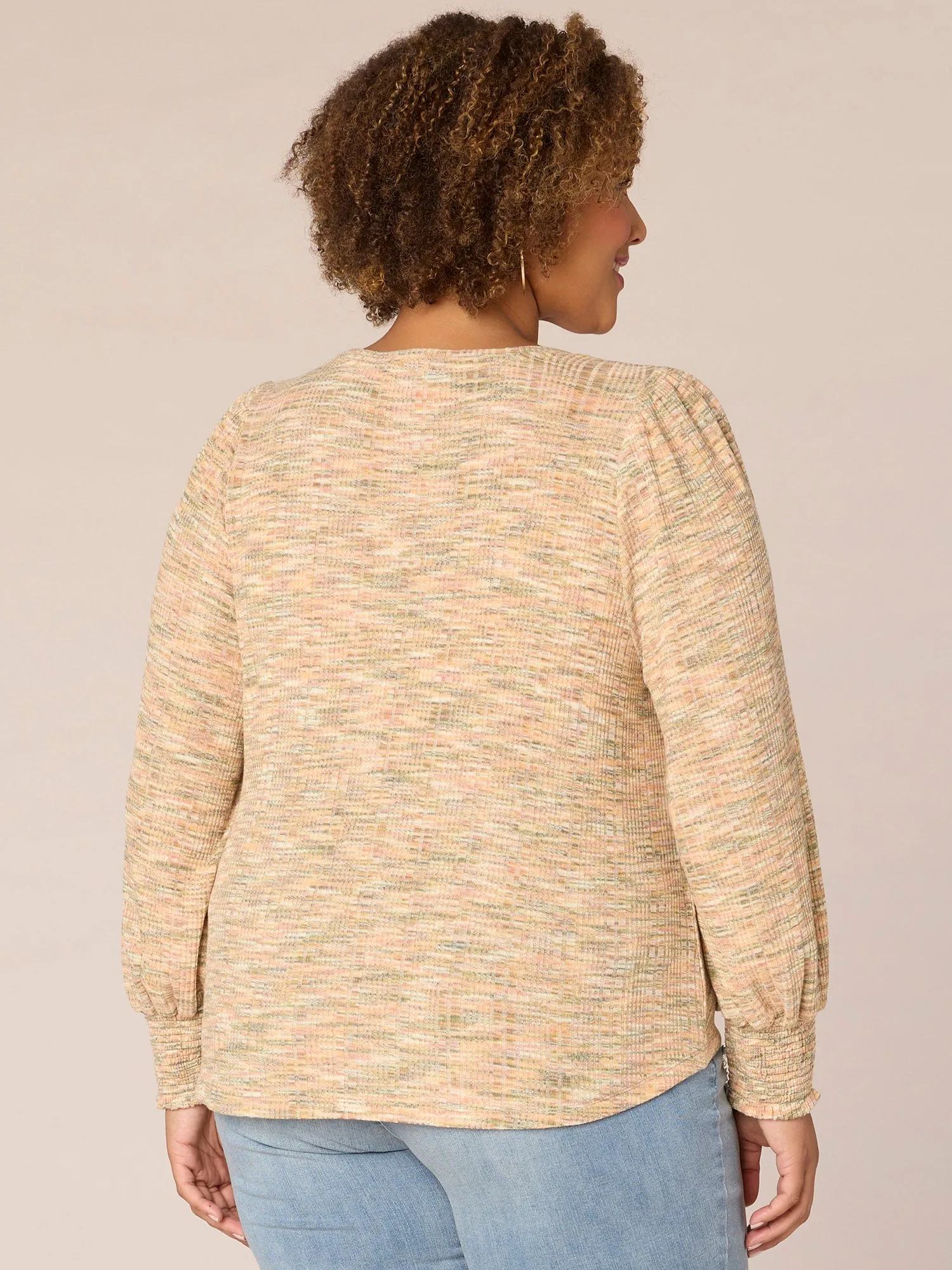 Long Blouson Sleeve V-Neck Twist Hem Space Dye Plus Size Knit Top