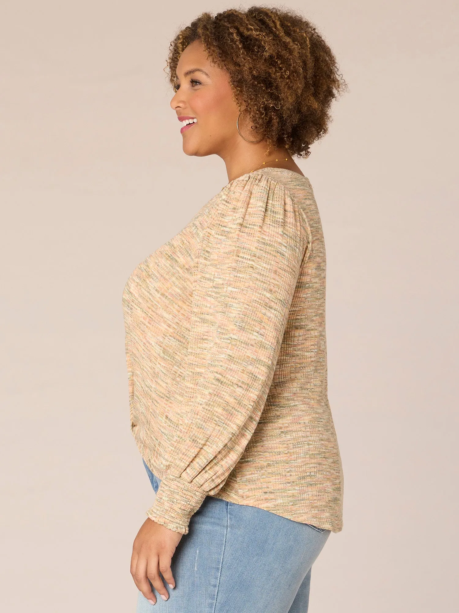 Long Blouson Sleeve V-Neck Twist Hem Space Dye Plus Size Knit Top