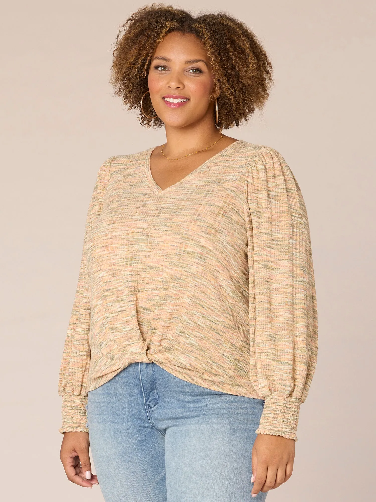Long Blouson Sleeve V-Neck Twist Hem Space Dye Plus Size Knit Top