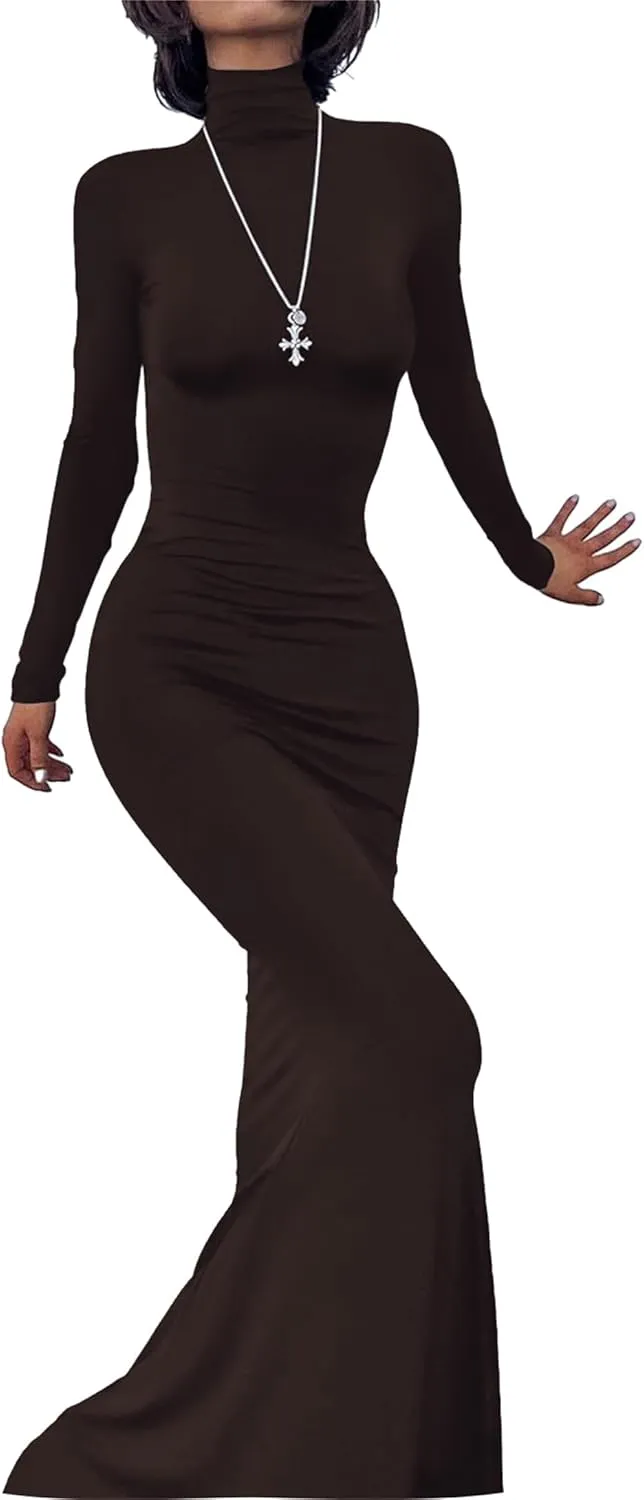 Long Sleeve Maxi Dress for Women - Casual Turtleneck Bodycon Formal Dresses Elegant Mermaid Hem 2025
