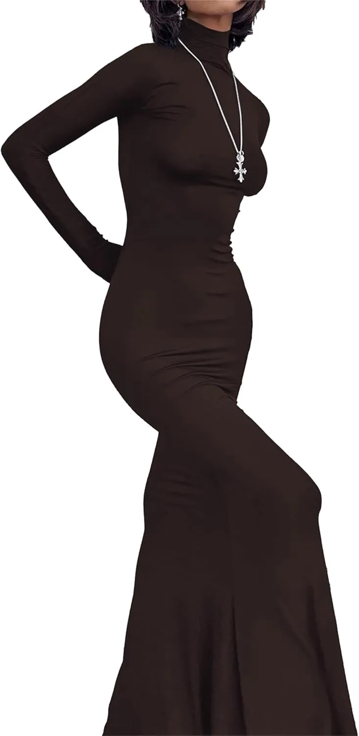 Long Sleeve Maxi Dress for Women - Casual Turtleneck Bodycon Formal Dresses Elegant Mermaid Hem 2025