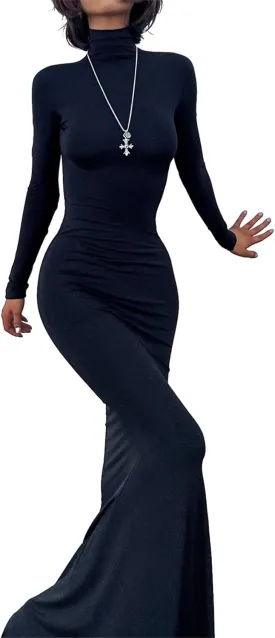 Long Sleeve Maxi Dress for Women - Casual Turtleneck Bodycon Formal Dresses Elegant Mermaid Hem 2025
