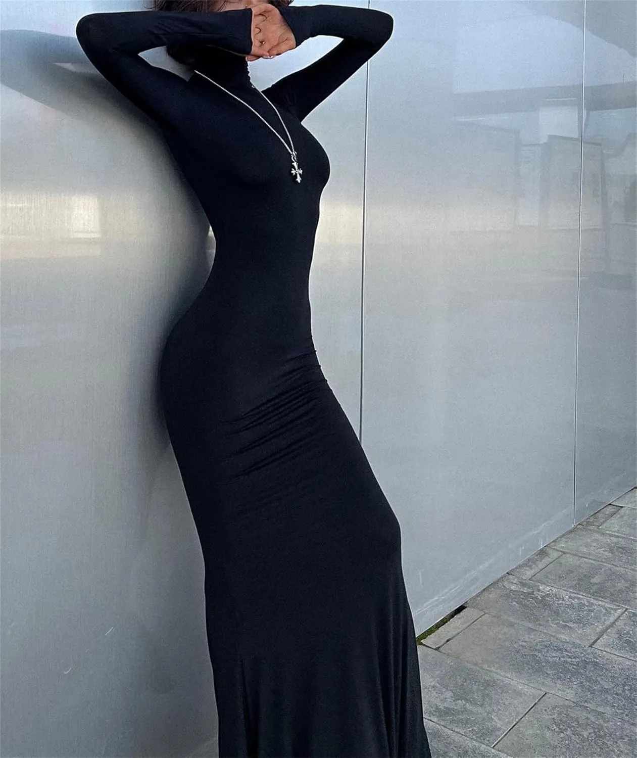 Long Sleeve Maxi Dress for Women - Casual Turtleneck Bodycon Formal Dresses Elegant Mermaid Hem 2025
