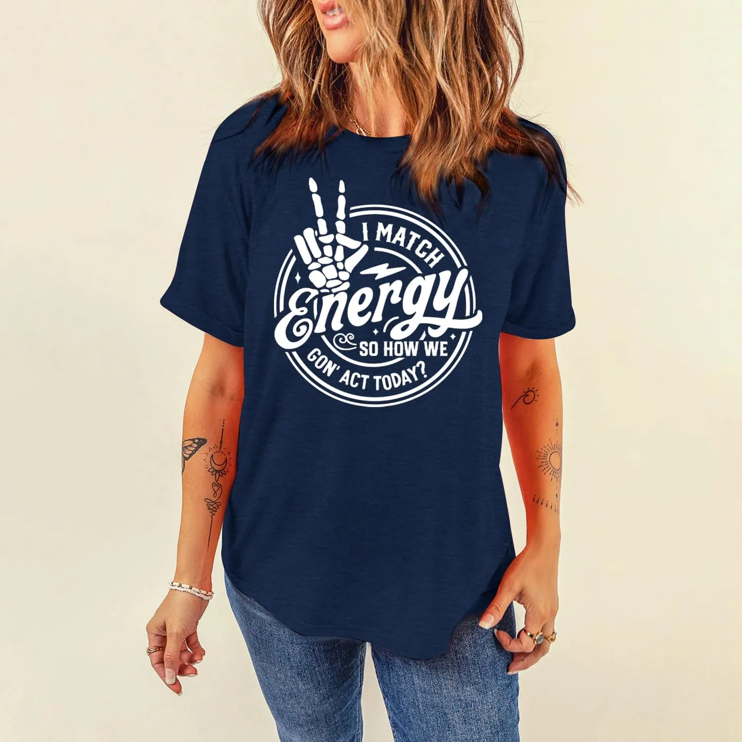 MAIHUN Women I Match Energy Shirt Funny Skeleton Hand Tshirt Inspirational Power Tee Tops