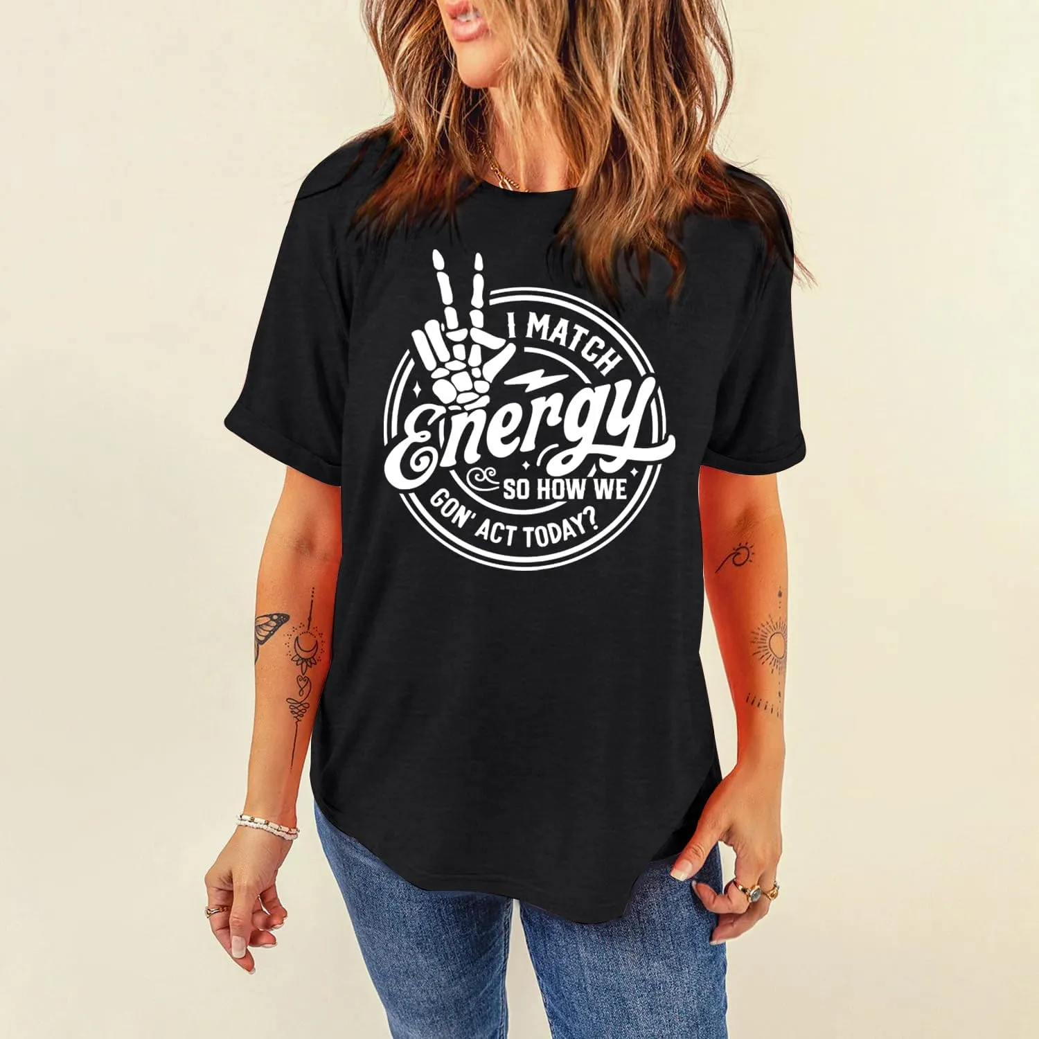 MAIHUN Women I Match Energy Shirt Funny Skeleton Hand Tshirt Inspirational Power Tee Tops