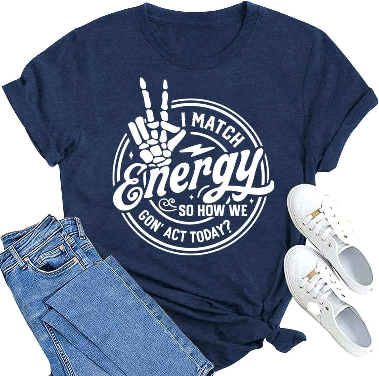 MAIHUN Women I Match Energy Shirt Funny Skeleton Hand Tshirt Inspirational Power Tee Tops