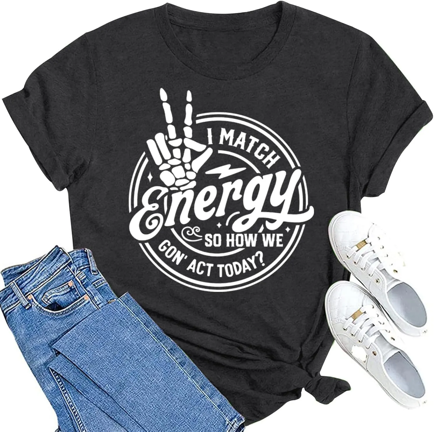 MAIHUN Women I Match Energy Shirt Funny Skeleton Hand Tshirt Inspirational Power Tee Tops
