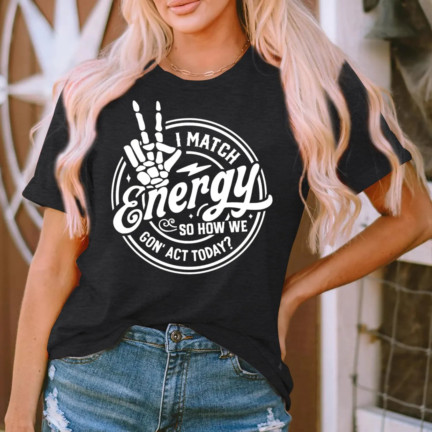 MAIHUN Women I Match Energy Shirt Funny Skeleton Hand Tshirt Inspirational Power Tee Tops