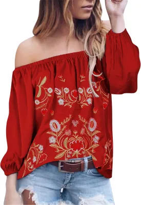 Mexican Shirts Women Mexican Embroidered Shirt Traditional Outfit Ethnic Style Boho Floral Embroidery Western Tops