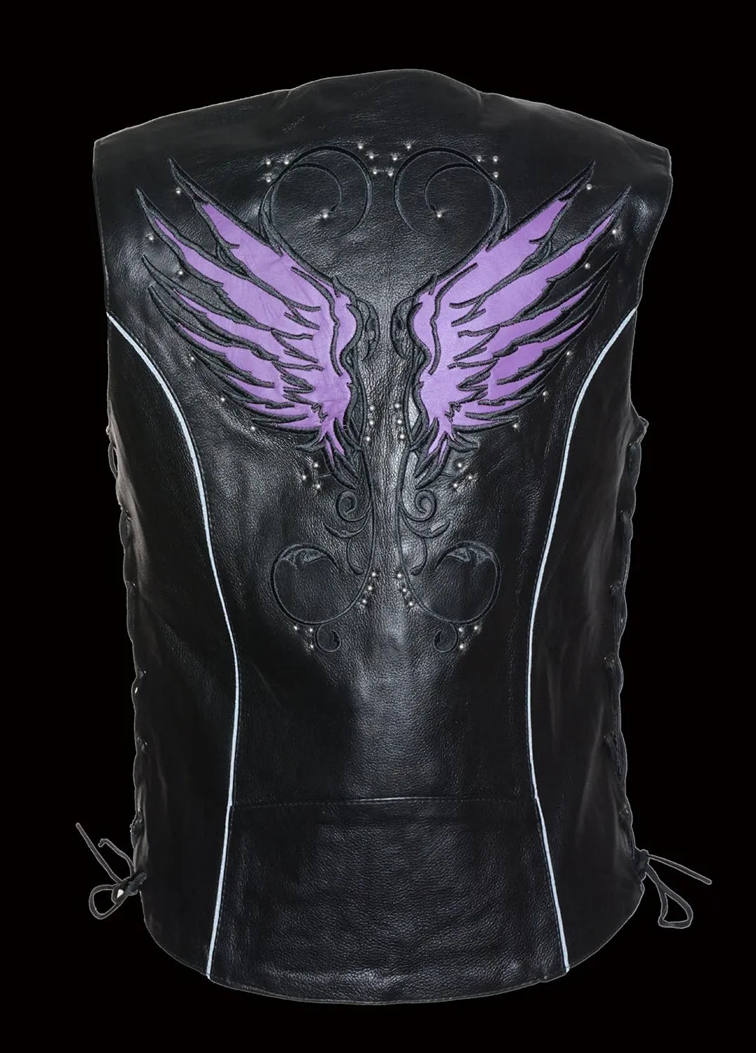 Milwaukee Leather ML1296 Women's Black Leather Side Laced Motorcycle Vest w/Reflective Tribal