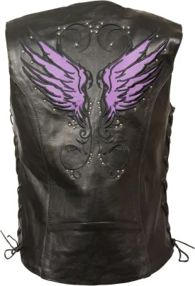 Milwaukee Leather ML1296 Women's Black Leather Side Laced Motorcycle Vest w/Reflective Tribal