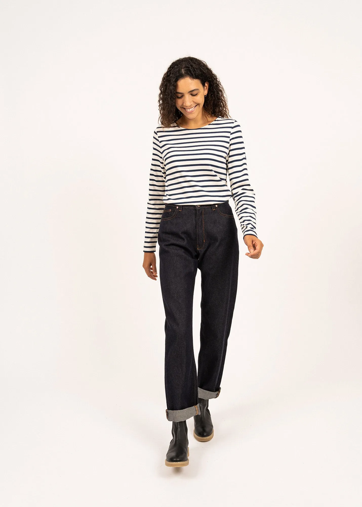 MINQUIDAME - Breton Striped Shirt with Long Sleeve | Soft Cotton | Women Fit (ECRU / NAVY)