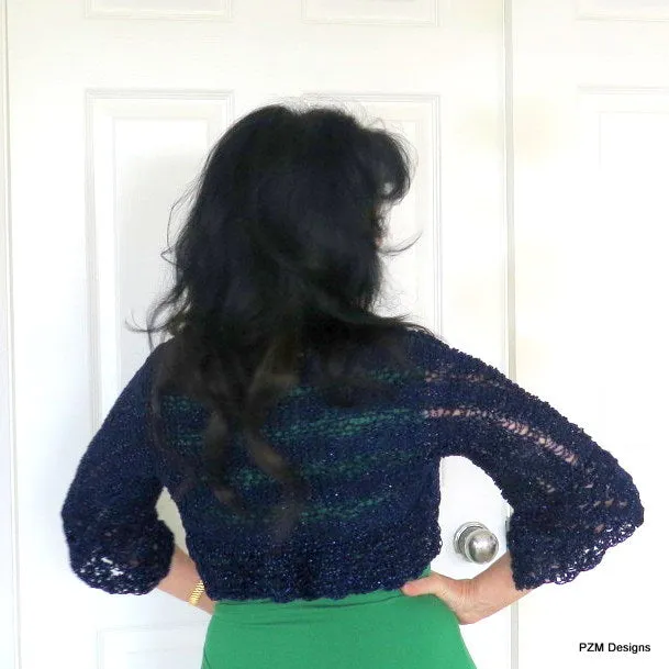 Navy Blue Shrug, Sparkly Hand Knit Summer Shrug