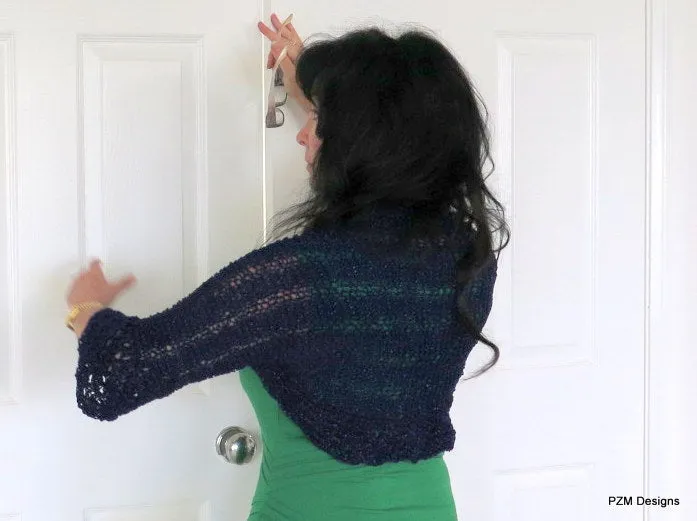 Navy Blue Shrug, Sparkly Hand Knit Summer Shrug