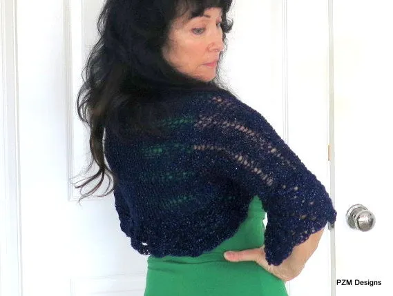 Navy Blue Shrug, Sparkly Hand Knit Summer Shrug
