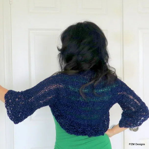 Navy Blue Shrug, Sparkly Hand Knit Summer Shrug