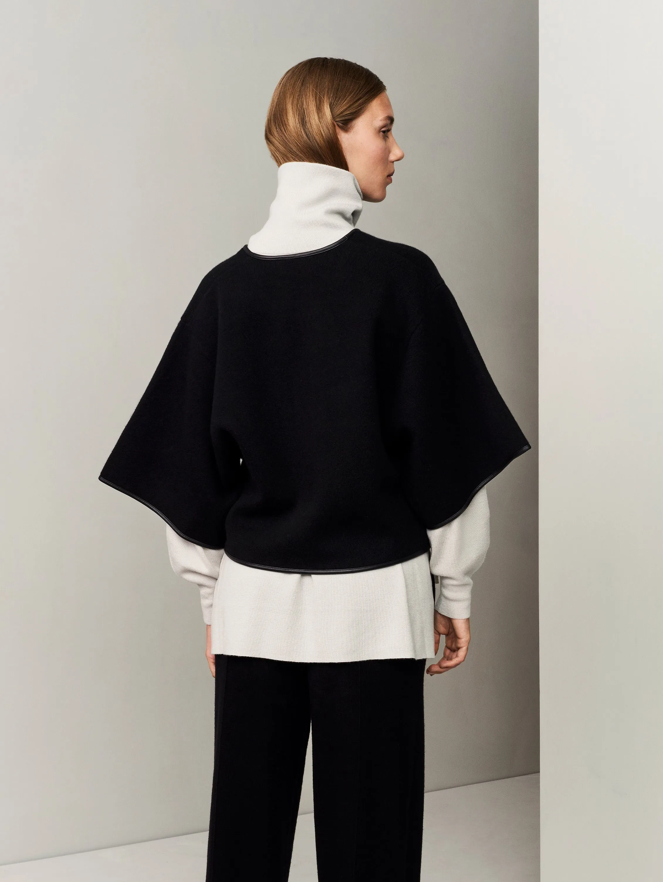 Outlined Cashmere-Leather Cape Jacket