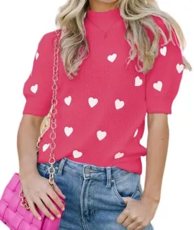 Pink Heart Graphic Sweaters for Women Short Puff Sleeve Vest Top Sweatshirt Holiday Colorful Heart Knit Tank Shirts