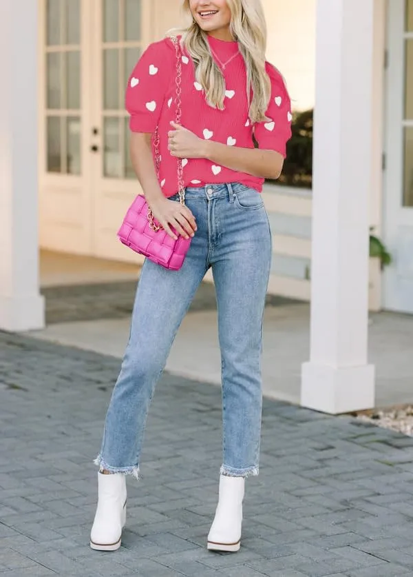 Pink Heart Graphic Sweaters for Women Short Puff Sleeve Vest Top Sweatshirt Holiday Colorful Heart Knit Tank Shirts