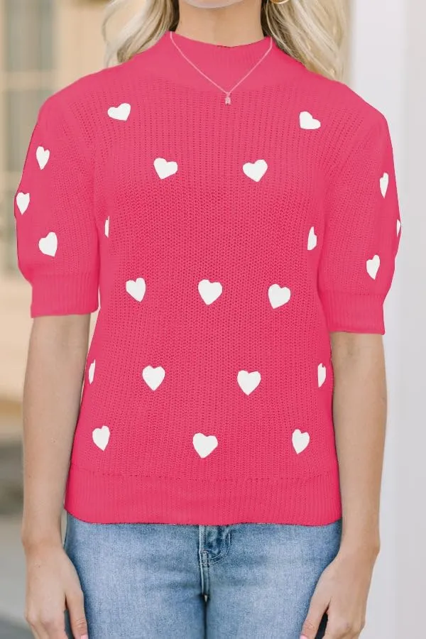 Pink Heart Graphic Sweaters for Women Short Puff Sleeve Vest Top Sweatshirt Holiday Colorful Heart Knit Tank Shirts