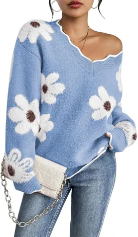 Pink Queen Women's Oversized V Neck Fuzzy Sweaters 2024 Casual Loose Long Sleeve Chunky Knit Pullover Jumper Tops