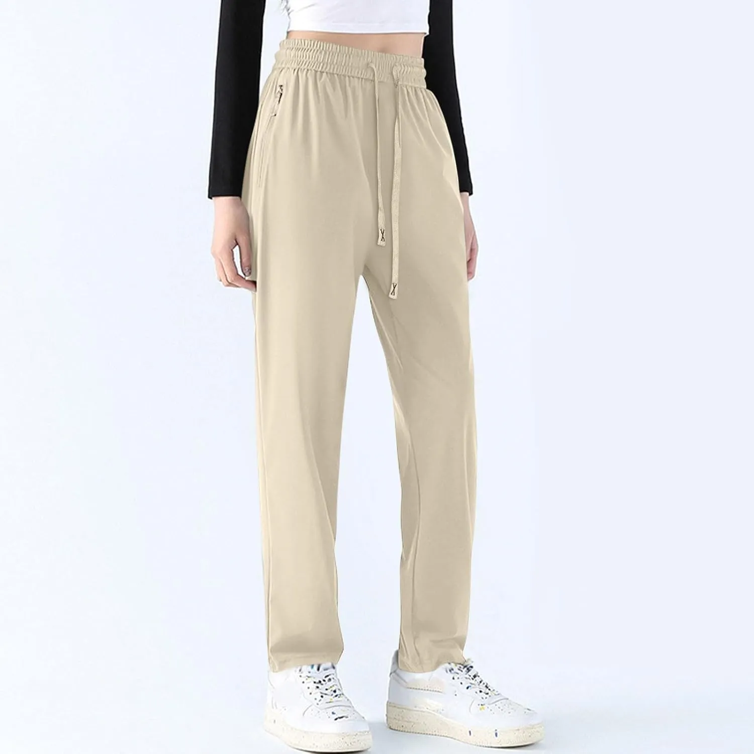 Quick Dry Stretch Pants for Women Summer Straight Leg Pull on Hiking Pants Plus Size Drawstring Flexipants with Pockets