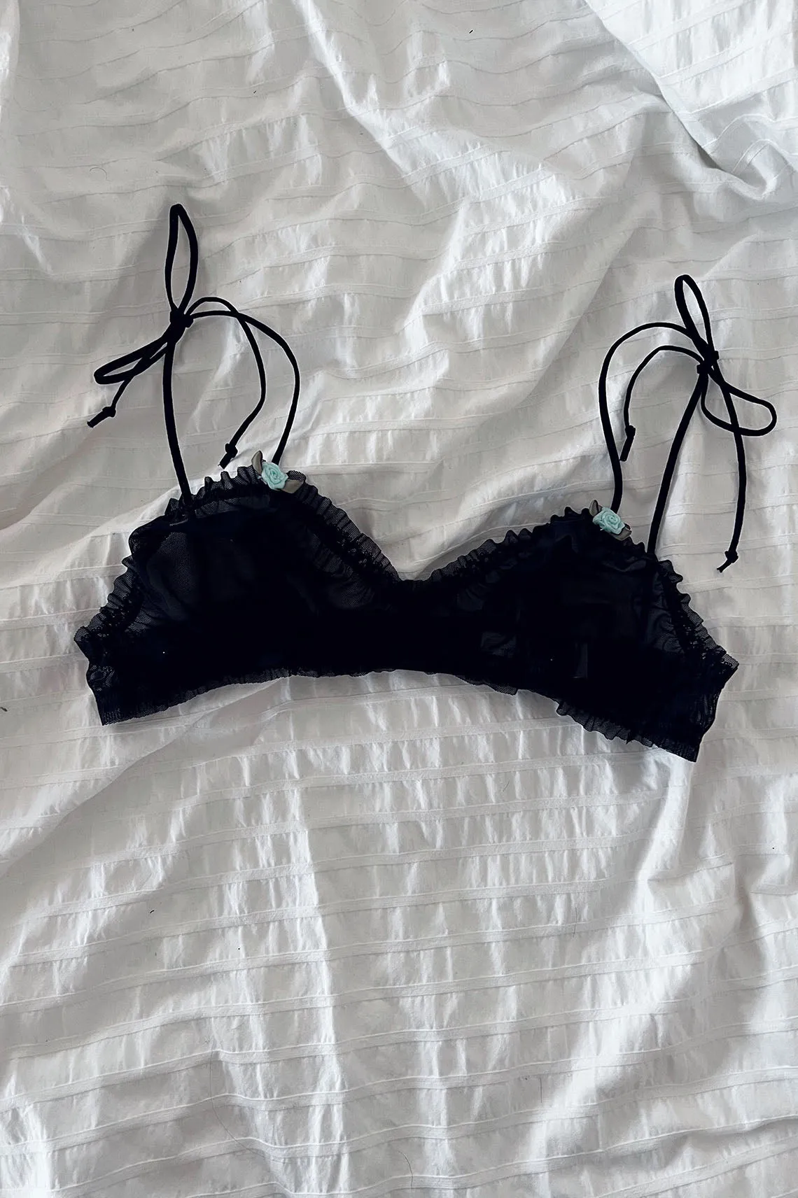 READY TO SHIP / Black Recycled Mesh Rosette Bralette (XS,S)