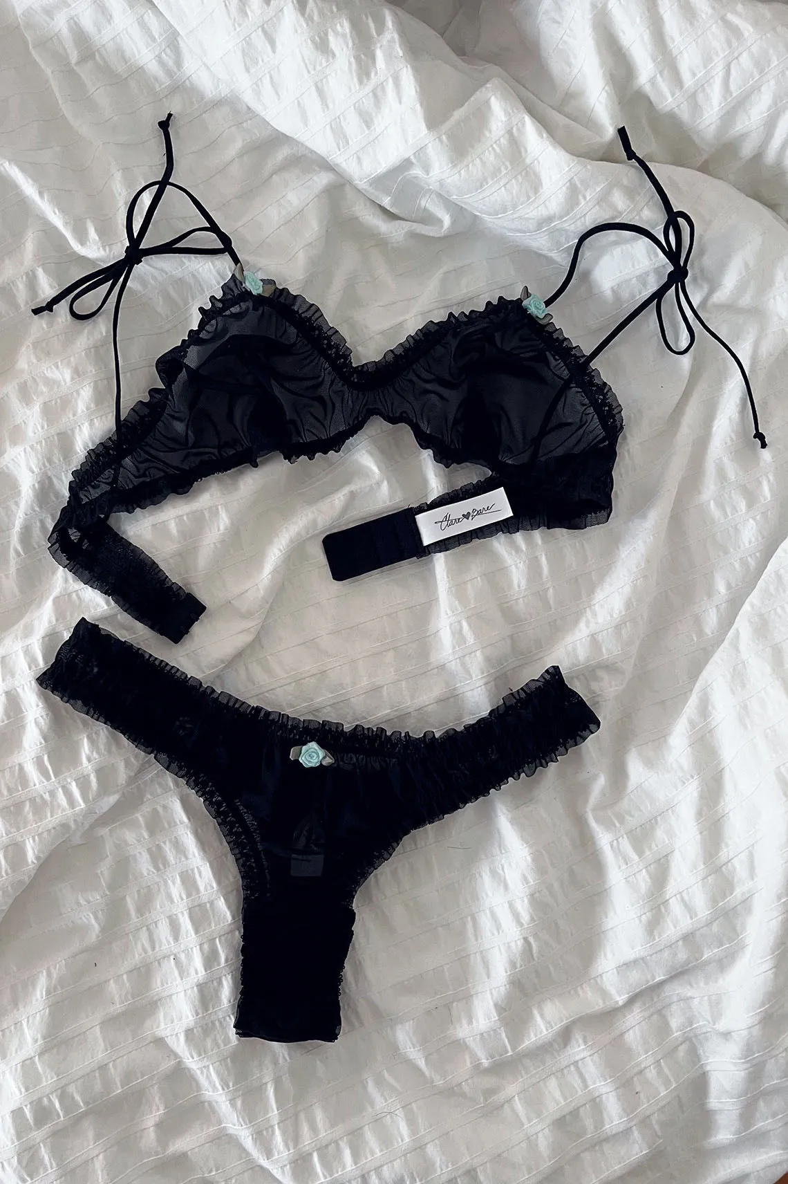 READY TO SHIP / Black Recycled Mesh Rosette Bralette (XS,S)