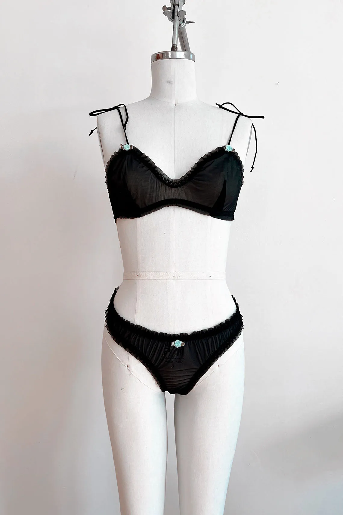 READY TO SHIP / Black Recycled Mesh Rosette Bralette (XS,S)