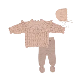 Silvia Sweater/Footed Legging/Bonnet SET -Dusty Pink