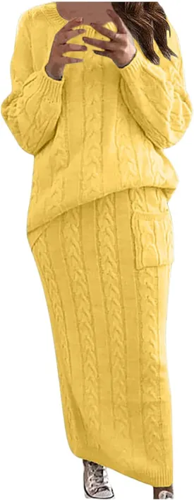Skirt Sets Women 2 Piece Outfits Winter Chunky Cable Knit Long Sleeve Pullover Sweater and Bodycon Maxi Skirts Set