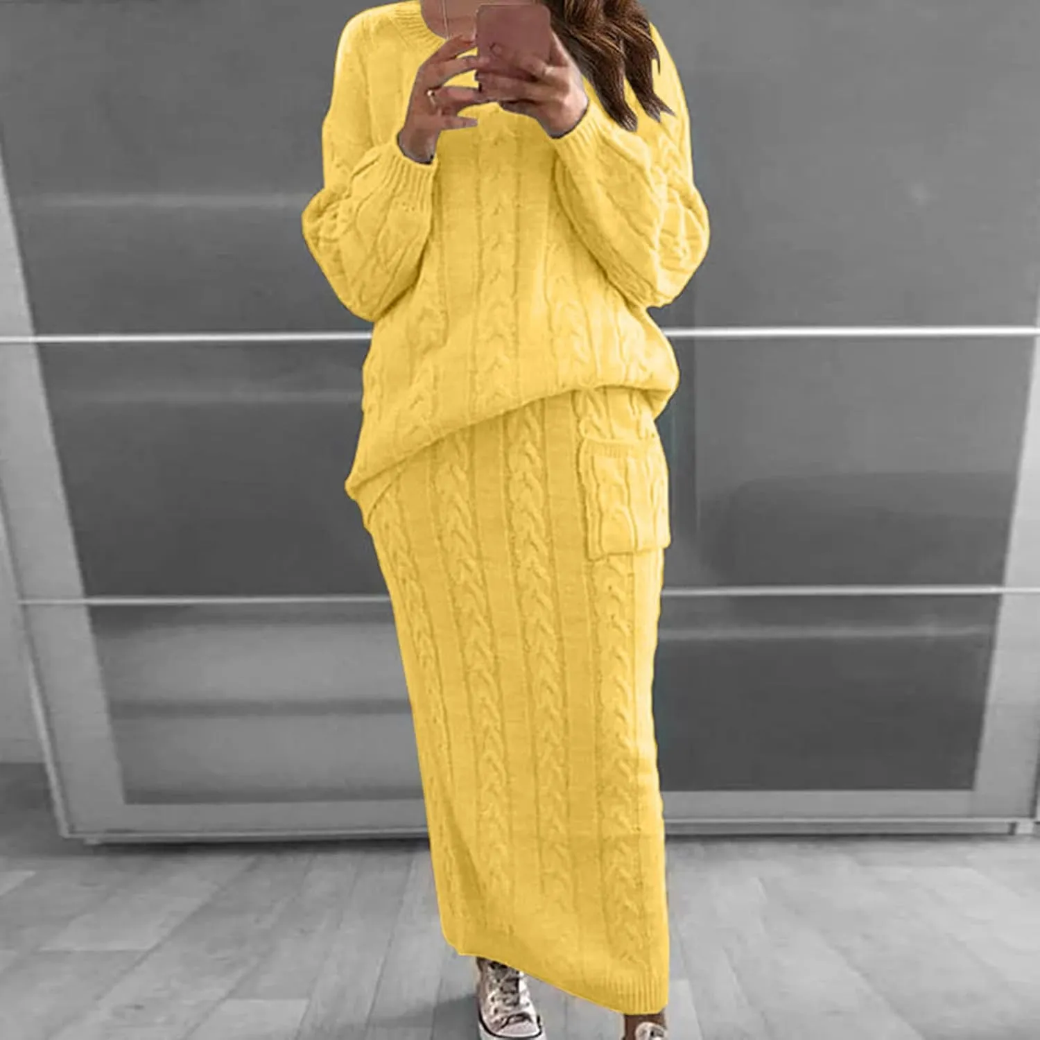 Skirt Sets Women 2 Piece Outfits Winter Chunky Cable Knit Long Sleeve Pullover Sweater and Bodycon Maxi Skirts Set