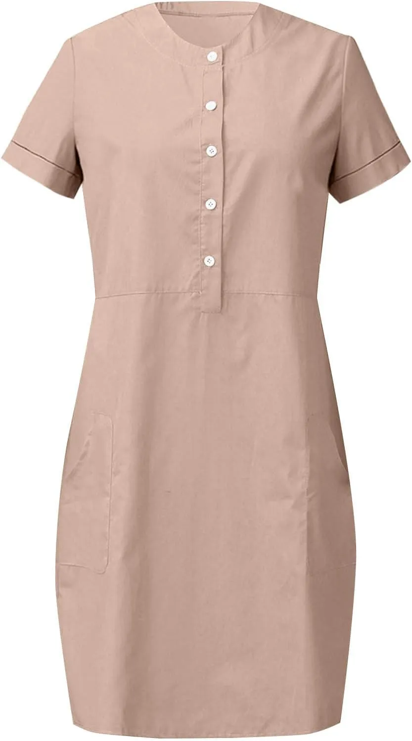 Summer Dresses for Women 2025 Button Front Short Sleeve Tshirt Dress Business Casual Sundresses with Pockets