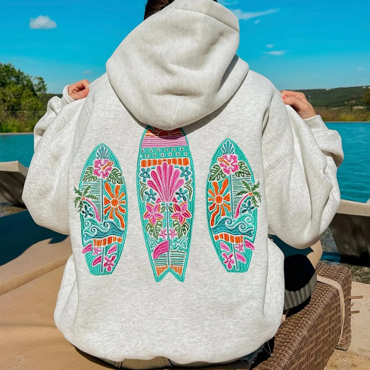 Surfing Graphic Hoodies for Women Y2K Long Sleeve Oversized Sweatshirt Teen Girls Preppy Pullover Sweater Hooded