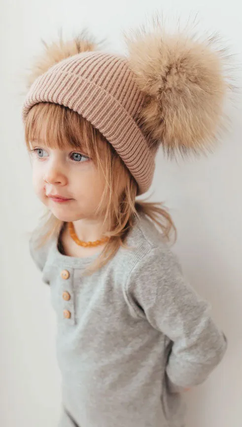 Toddler Big Girl Double Fur Pom Angora/Wool Beanie Hat