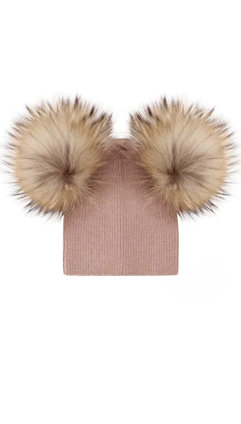 Toddler Big Girl Double Fur Pom Angora/Wool Beanie Hat