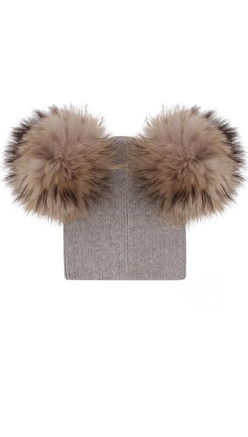 Toddler Big Girl Double Fur Pom Angora/Wool Beanie Hat