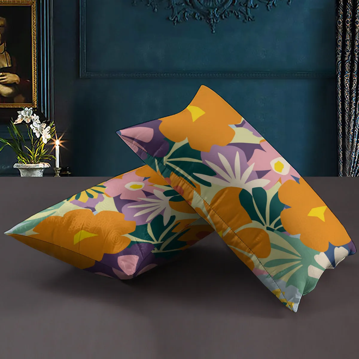Vampire Art Cotton Cushion Cover Pillowcase 16 x 24in (40 x 60cm) - Bold Sixties Florals in Orange