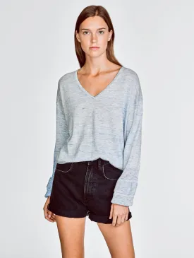 White   Warren - Blouson Sleeve Wide V-Neck in Crystal Blue Heather