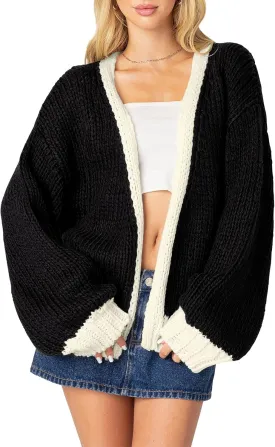 Women's 2025 Fall Long Sleeve Cable Knit Sweater Color Block Open Front Cardigan Chunky Loose Outerwear Coats
