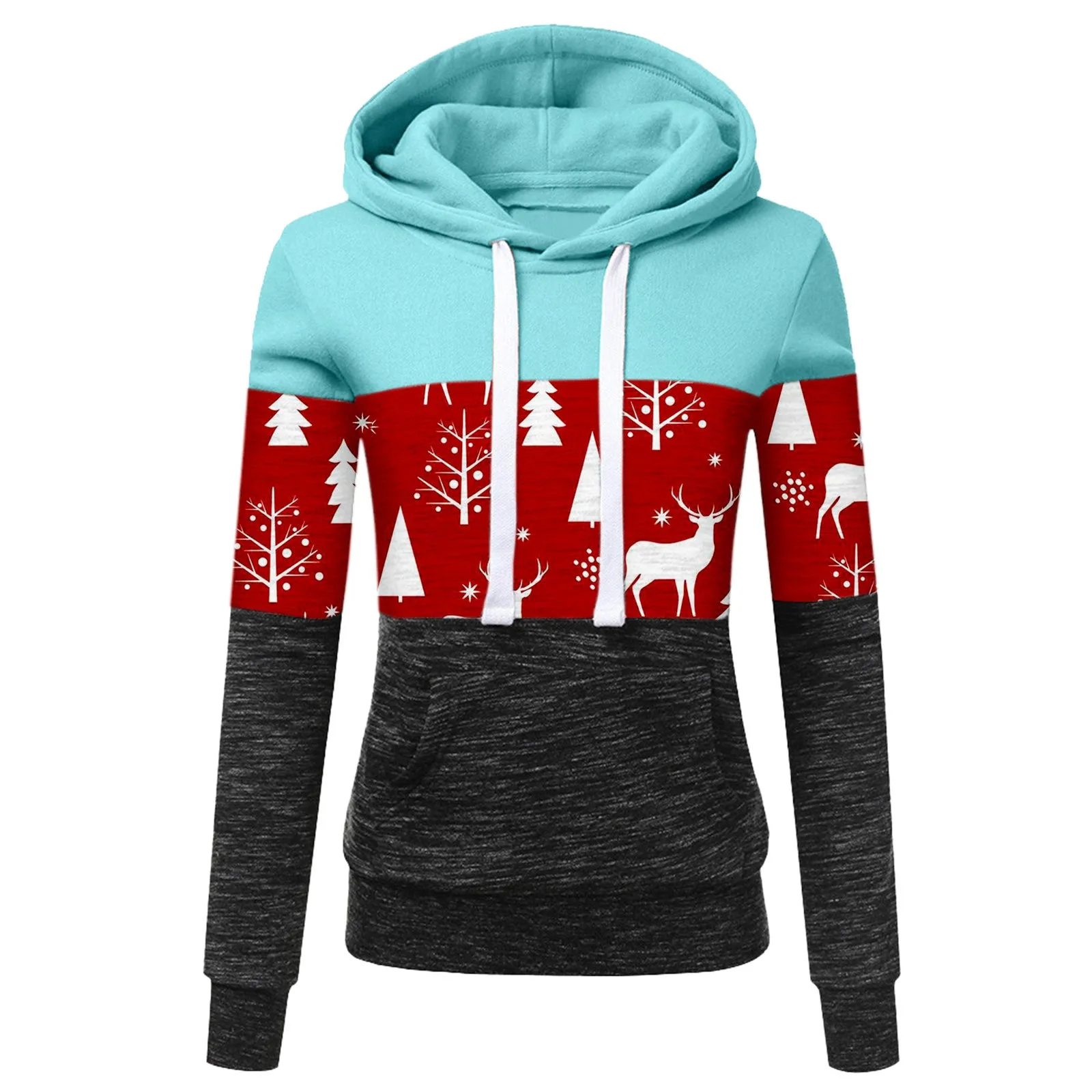 Women's Autumn and Winter New Christmas Print Color Matching Long-sleeved Hooded Drawstring Sweater
